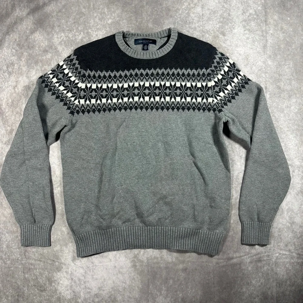 Tommy Hilfiger Mens M Grey Black Fair Isle Cotton Knit Crewneck Sweater Preppy